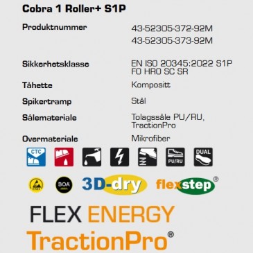 Sievi Cobra 1 Roller+ S1P ESD vernesko, teknisk informasjon